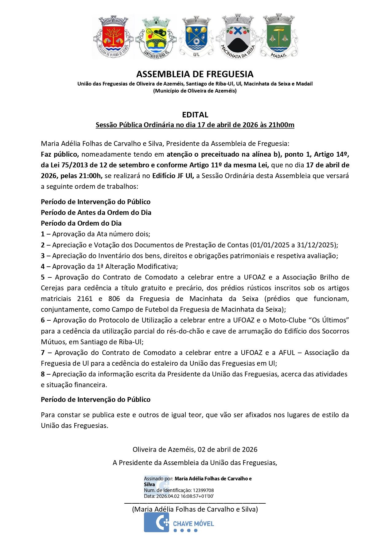 Read more about the article EDITAL- Sessão Pública Ordinária da Assembleia de Freguesia no dia 17 de abril de 2026 às 21h00m